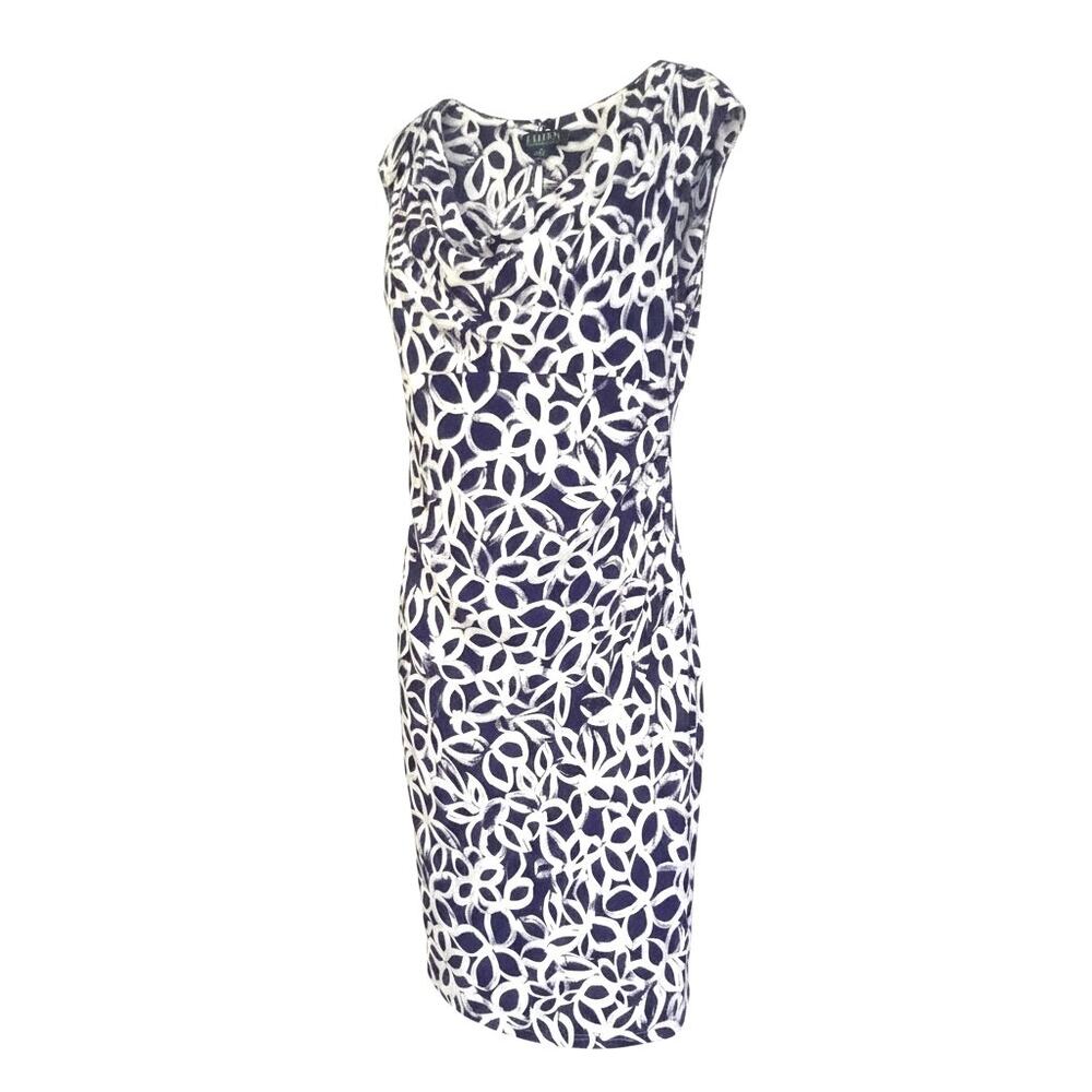 Lauren Ralph Lauren Women's Size 16 Blue White Abstract Sheath Dress Cap Sleeve